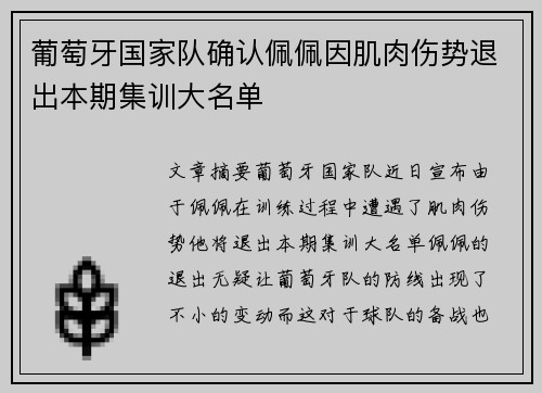 葡萄牙国家队确认佩佩因肌肉伤势退出本期集训大名单